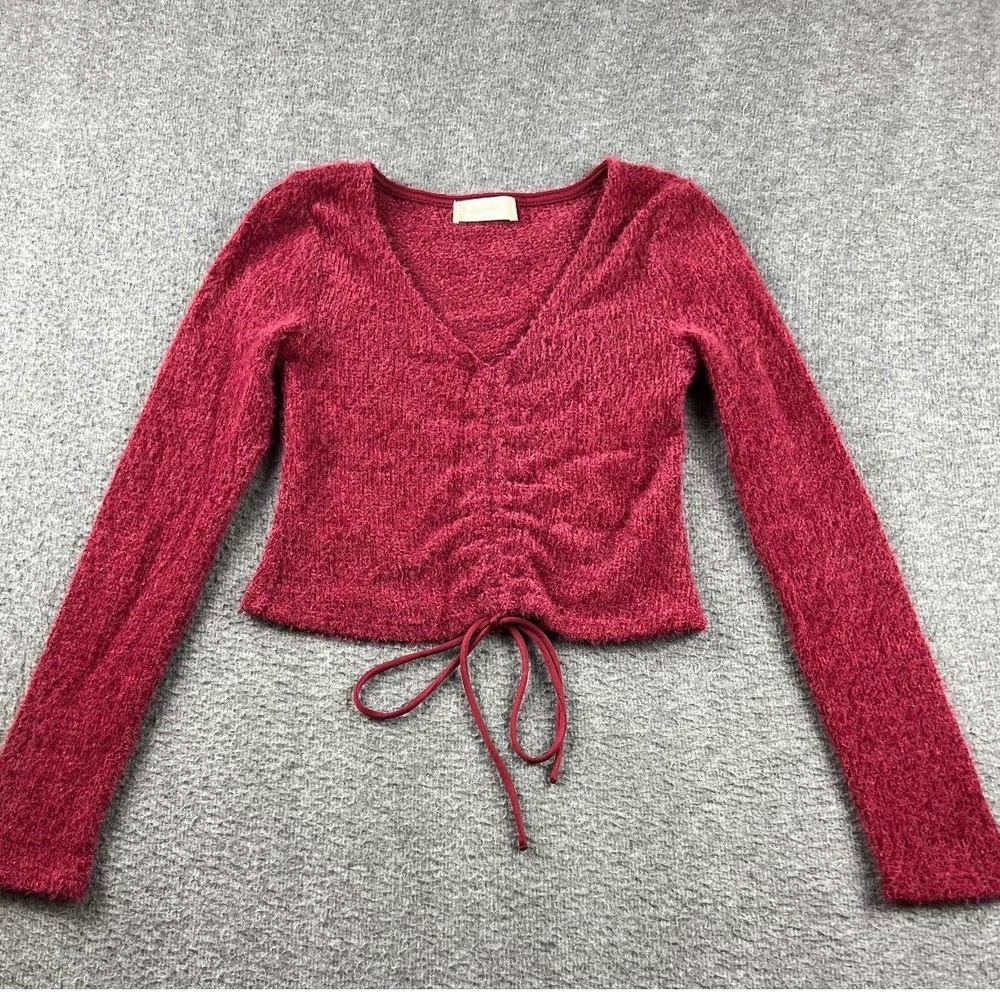 Altar'd State Women's XS Fuzzy Knit Ruched Front Crop Top Burgundy Red